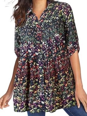 Woman Within Pintuck Pleated Floral Top Button Up Rayon Flowy Roll-Tab Sleeve